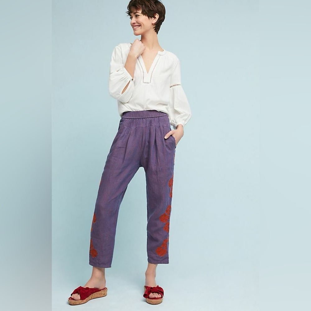 Anthropologie 100% Linen Purple Floral Embroidered Cropped Pants Floral Size S
